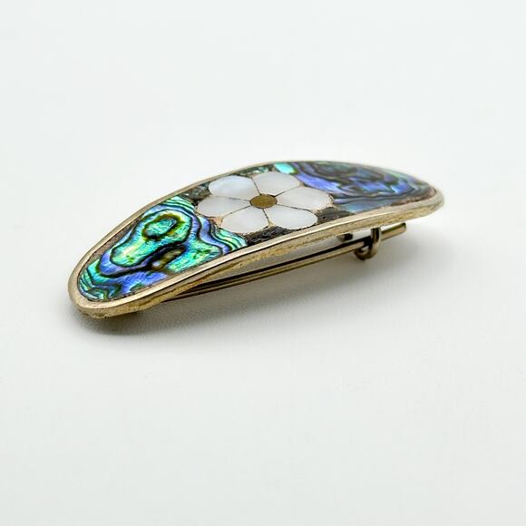 Antique Mother of Pearl Brooch Alpaca Silver with Old Double C Clasp - Picture 10 of 13